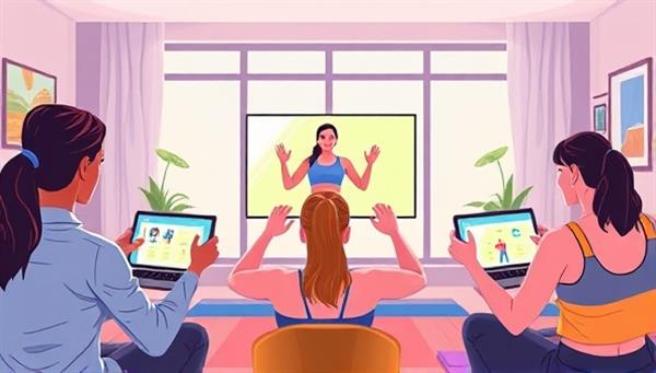 An energetic digital illustration of a virtual fitness class led by a FitFusion coach, with participants engaging in workouts from their homes, showcasing a sense of community, motivation, and active lifestyle promotion.