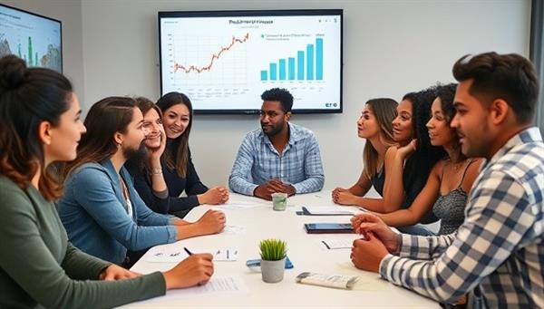 A group of diverse and enthusiastic millennials engaged in a real estate investment workshop, with charts and property market data displayed on screens, a consultant sharing insights, and collaborative brainstorming sessions, reflecting a dynamic and inclusive approach to millennial wealth-building through property investments.