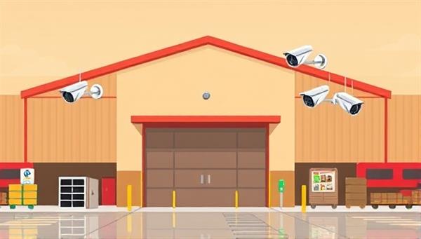 An illustration of a warehouse exterior with IoT cameras installed at strategic locations, connected to a central monitoring station displaying live feeds and alerts, conveying a sense of security and surveillance efficiency in remote monitoring.
