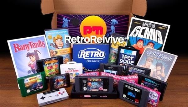 A collection of retro gaming collectibles and memorabilia displayed in a vibrant and nostalgic subscription box, featuring iconic game cartridges, vintage posters, and retro-themed merchandise, evoking a sense of nostalgia and excitement for subscribers of RetroRevive.