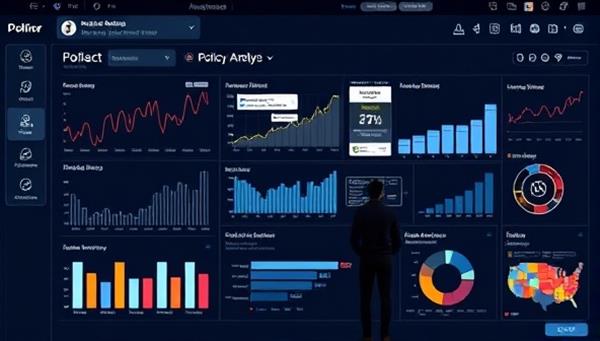 A digital policy analysis dashboard displaying real-time policy trends, legislative updates, and data visualizations, with a team of policy analysts collaborating virtually on a policy research project, symbolizing expertise and informed decision-making in government policy.