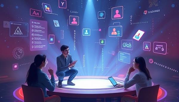 An artistic representation of a digital AI storyteller character interacting with users on a virtual platform, surrounded by floating story elements and interactive choices, showcasing the dynamic and engaging nature of the AI-powered storytelling experience.