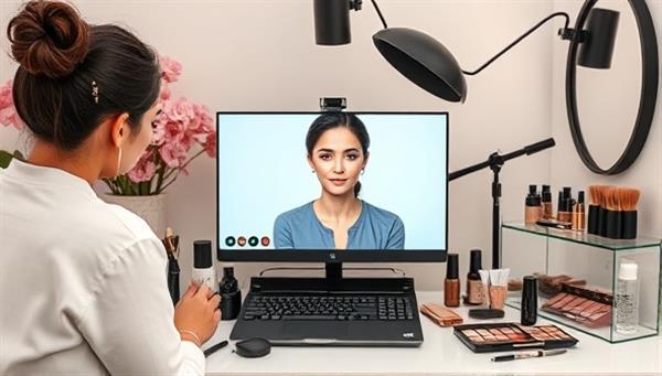 A modern and chic virtual beauty consultation setup with a professional makeup artist conducting a video session with a client, surrounded by a variety of beauty products and tools, creating a virtual glam experience.