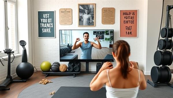 An online fitness coaching session with a virtual trainer demonstrating exercise routines to a client via video call, surrounded by fitness equipment, motivational posters, and healthy snacks, creating a supportive and energizing workout environment that inspires progress and fitness success.