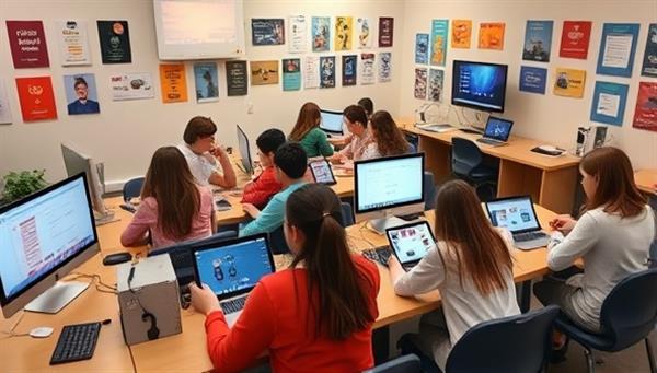 A vibrant language lab setting with students engaged in interactive language exercises on tablets and computers, practicing conversations and vocabulary with virtual tutors, creating a dynamic and tech-driven learning environment at LingoTech Lab.