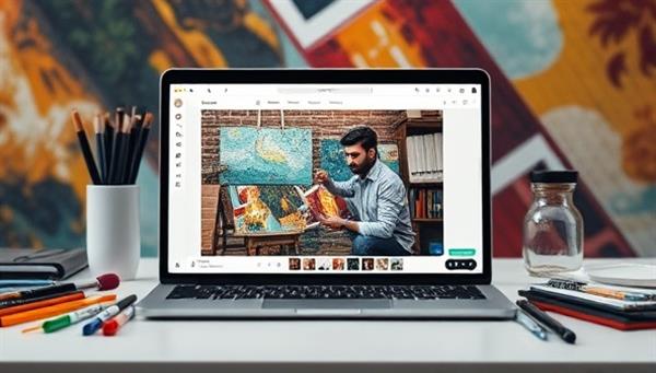 An online platform interface displaying a digital art masterclass session with a renowned artist demonstrating painting techniques, surrounded by digital art tools and a vibrant artistic environment, representing the immersive and educational experience of Artistry Masterclass in digital art education.