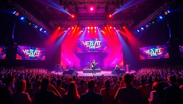An electrifying virtual concert scene with a dynamic stage, colorful lighting effects, and passionate musicians performing live music to a virtual audience, capturing the energy and excitement of a music concert in a digital realm filled with music enthusiasts.