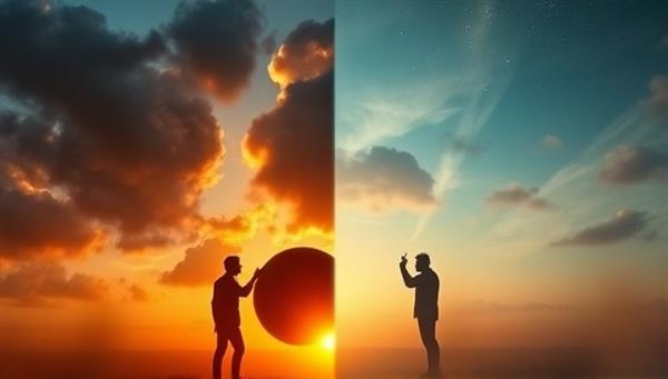 An artistic representation of a split-screen showing two different scenes from the same movie, illustrating the interactive nature of the platform where viewers can choose the storyline direction through real-time voting.