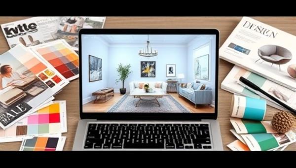 A laptop displaying a beautifully designed virtual room with curated furniture and decor elements, surrounded by color swatches and design magazines, creating an inspiring and creative atmosphere.