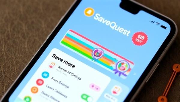 A smartphone screen displaying the SaveQuest app interface with colorful progress bars, achievement badges, and community chat features, illustrating a vibrant and engaging savings challenge environment that motivates users to save more.