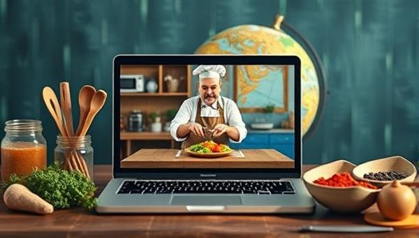 An enticing image of a virtual cooking class setup, showing a laptop screen displaying a chef demonstrating a recipe, surrounded by colorful spices, cooking utensils, and a globe in the background, symbolizing culinary diversity and global exploration.