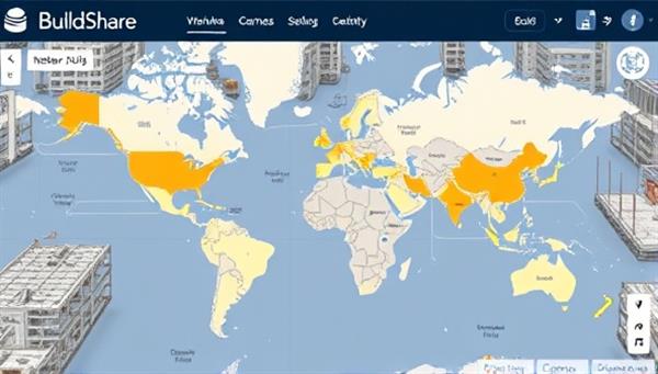An interactive map on BuildShare Network displaying available resources such as cranes, scaffolding, and skilled labor in real-time across construction sites, highlighting the platform