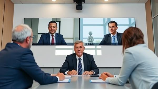 A virtual meeting scene with government officials engaging in a consultation session with expert advisors via video conference, symbolizing the seamless and efficient collaboration facilitated by GovConnect Advisory in addressing complex government challenges and policy issues.