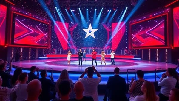An online talent show stage with virtual contestants performing various acts, a digital audience cheering and voting in real-time, and interactive features like virtual applause and confetti, capturing the excitement and drama of a live talent competition in a virtual setting.