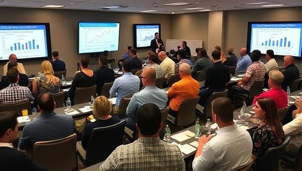 A dynamic workshop setting with a diverse group of attendees engaged in discussions and presentations on real estate investment strategies, with charts and graphs displayed on screens, mentorship sessions in progress, and networking opportunities, conveying the educational and interactive nature of InvestEdge Real Estate workshops.