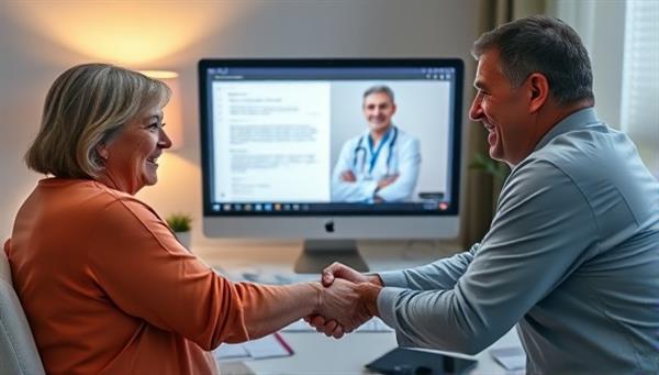 An emotional scene showing a patient receiving a virtual second opinion from a specialist, with a heartfelt conversation unfolding on a computer screen, medical documents scattered around, and a comforting virtual handshake symbolizing trust and reassurance.