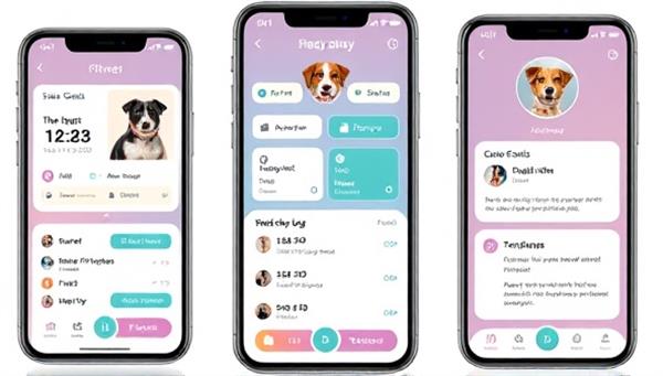 An engaging mobile app interface showcasing a pet owner setting fitness goals for their dog, tracking daily activity levels, and receiving notifications on their pet