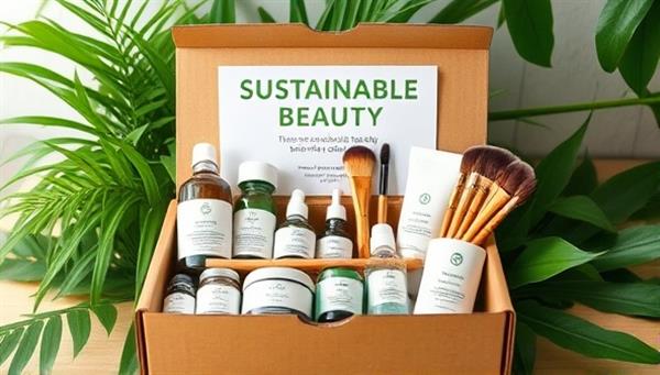 An aesthetically pleasing eco-friendly beauty box filled with natural skincare products, bamboo makeup brushes, and recyclable packaging, set against a backdrop of lush greenery and sustainable beauty slogans, reflecting a commitment to environmental preservation and beauty innovation.