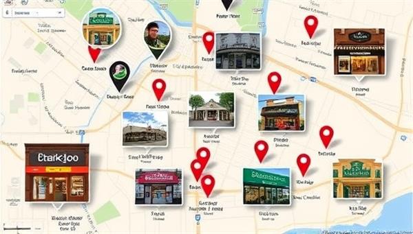 An interactive map interface showcasing various local businesses with clickable pins that lead to virtual tours of shops, restaurants, and attractions, inviting users to explore the community virtually.