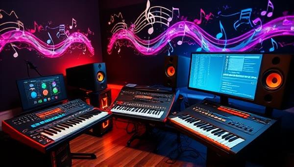 An artistic digital studio setting with music production equipment, MIDI controllers, and mixing consoles, surrounded by vibrant musical notes and sound waves, creating an inspiring and creative atmosphere for music enthusiasts.