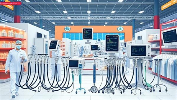 A detailed digital illustration of a diverse array of medical equipment items lined up in a virtual marketplace, showcasing stethoscopes, monitors, and surgical tools, with a focus on quality and safety, set against a backdrop of medical facilities and professionals, conveying trust and reliability.