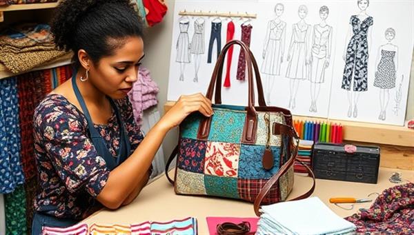 An artist crafting a stylish handbag from upcycled fabrics, surrounded by colorful textiles, sewing tools, and fashion sketches, exuding a mix of creativity, sustainability, and trendiness in accessory production.