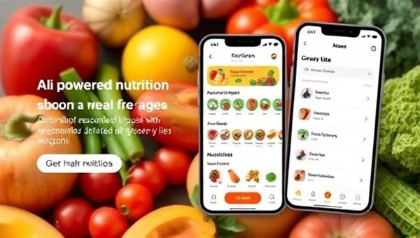An AI-powered nutrition app interface displaying personalized meal plans, nutritional recommendations, and grocery lists based on user input, set against a background of fresh fruits and vegetables, promoting healthy eating habits and customization.