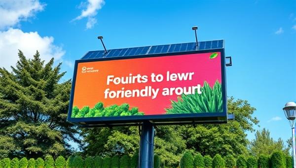 An outdoor setting with a vibrant, solar-powered digital billboard showcasing an eco-friendly brand message against a backdrop of lush greenery and blue skies, illustrating the harmony between outdoor advertising and environmental sustainability.