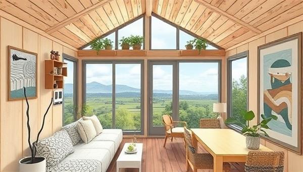 An artistic rendering of a cozy and stylish tiny house with innovative space-saving solutions, a rooftop garden, and large windows overlooking a scenic landscape, embodying the essence of minimalist living.