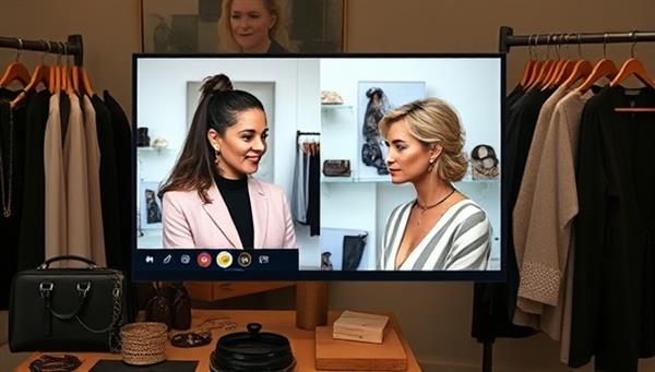 A chic and sophisticated image of a virtual personal styling consultation session, showcasing a stylist and client engaging in a video call to discuss fashion preferences, browse outfit options, and create style mood boards, surrounded by fashionable accessories and clothing racks, exuding elegance and professionalism in style guidance.