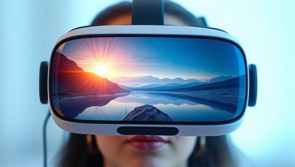 An immersive VR headset displaying a serene virtual environment with soothing visuals and sounds, creating a therapeutic experience for pain management, symbolizing the innovative and immersive nature of the VR therapy for pain relief service.