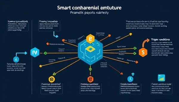 An illustrative infographic demonstrating the blockchain architecture of the platform, showcasing smart contracts executing parametric insurance payouts seamlessly, with data streams and trigger conditions visualized for clarity and reliability.