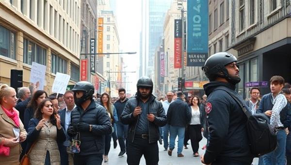 An urban street scene with performers interacting with a diverse crowd, using props and technology to engage the audience, evoking a sense of intrigue and excitement in a lively city setting.