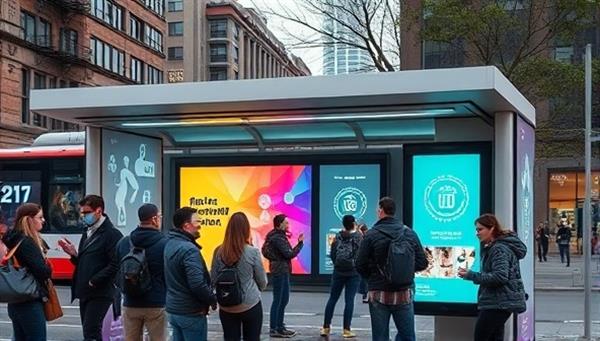 An urban bus stop transformed into a futuristic digital hub with interactive screens displaying vibrant and engaging brand content, surrounded by intrigued commuters interacting with the displays, illustrating the innovative nature of this advertising concept.