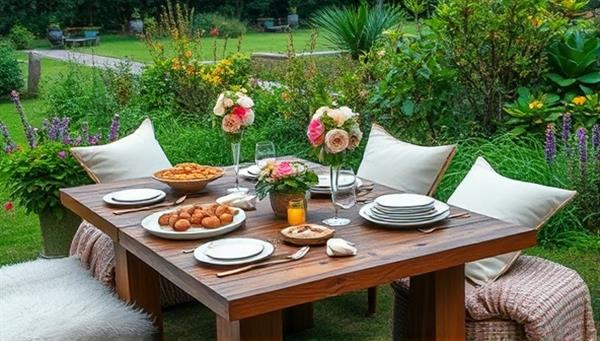 A beautifully styled picnic setup in a lush garden with a rustic wooden table adorned with gourmet dishes, floral arrangements, elegant tableware, and plush cushions, creating a picturesque and inviting ambiance for a luxurious outdoor dining experience.