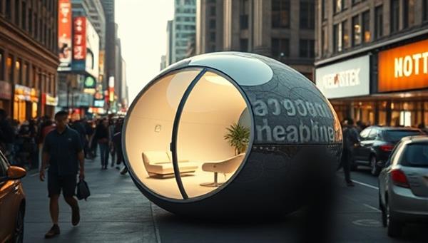 An urban setting with a sleek, futuristic pod glowing softly, surrounded by bustling crowds, conveying a peaceful oasis amidst the chaos of city life.