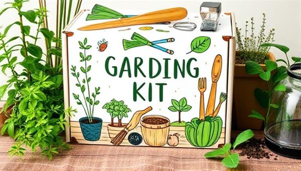 An attractive gardening kit box featuring vibrant illustrations of plants, seeds, and gardening tools, surrounded by lush greenery and natural elements, conveying a sense of sustainable and eco-friendly gardening practices.