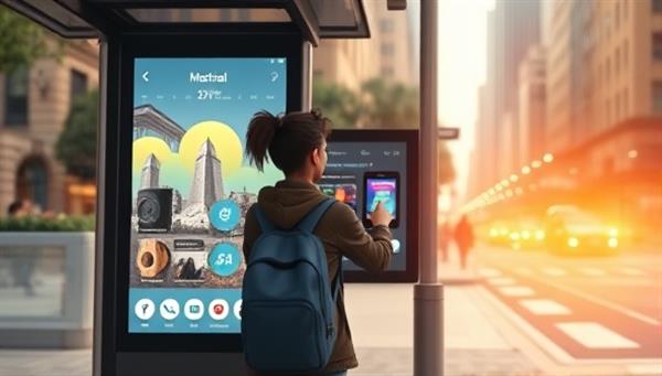 An animated gif showing a commuter interacting with a touchscreen ad at a bus stop, playing a game or exploring product information, surrounded by a bustling cityscape, capturing the dynamic and engaging nature of the advertising concept.