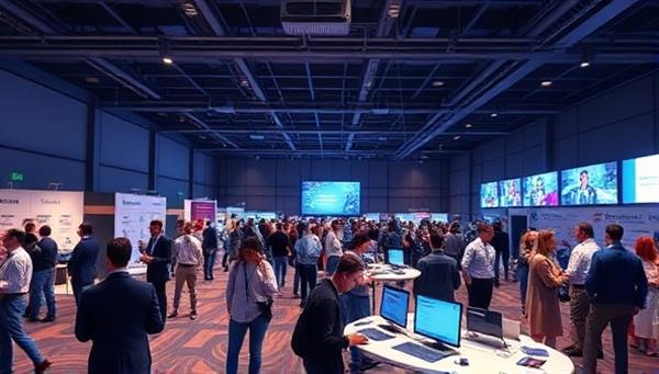 An immersive virtual event setting with avatars interacting in a digital conference hall, attending virtual booths, and participating in live presentations, conveying the dynamic and engaging nature of virtual events hosted on the platform.