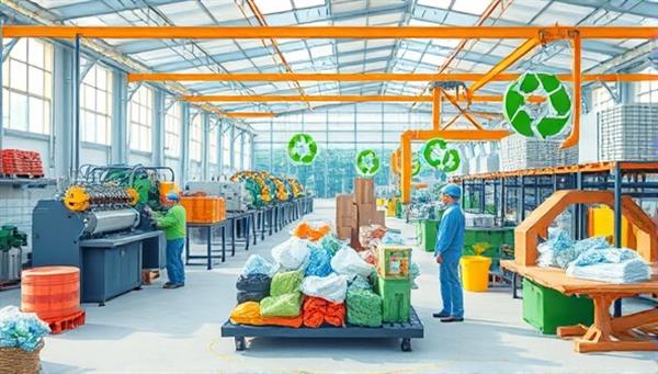 An artistic representation of a manufacturing facility transforming plastic waste into construction materials, with machines processing recycled plastics and workers assembling eco-friendly building components, showcasing the sustainable production process of EcoPlastBuild.