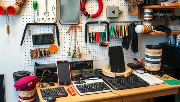 An artistic display of upcycled tech accessories and repaired devices, showcasing a mix of creativity and functionality in a modern tech repair studio, reflecting the essence of ReTech Revive.