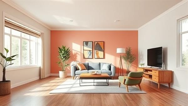 An empty room digitally transformed into a beautifully staged living space, with modern furniture, vibrant colors, and natural lighting, showcasing the potential of virtual staging for real estate marketing.