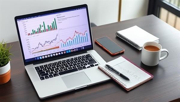 A professional and organized desk setup with a laptop displaying financial charts and investment portfolios, alongside a notebook with budgeting notes, a pen, and a cup of coffee, creating a focused and knowledgeable environment for virtual personal finance coaching sessions, symbolizing financial growth and empowerment.
