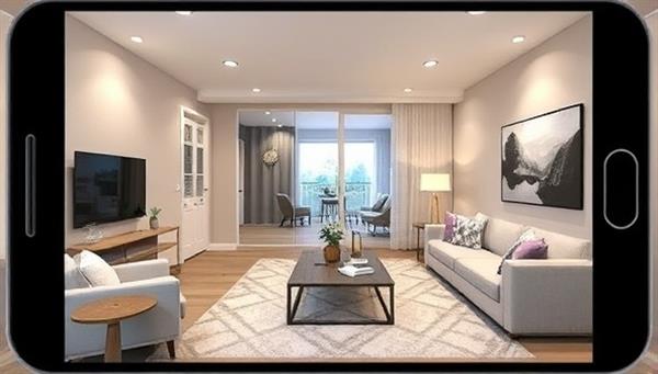 A modern living room transformed through augmented reality, showing a virtual staging concept with stylish furniture, decor, and lighting, giving a realistic preview of the potential of virtual staging for home sellers.