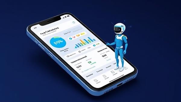 An artistic representation of an AI-powered finance assistant app interface on a smartphone screen, featuring dynamic graphs, personalized recommendations, and a friendly digital avatar guiding users through financial decisions, illustrating convenience and futuristic finance management.