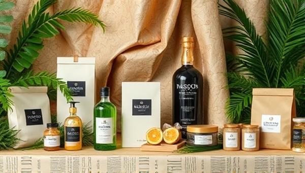 A collection of beautifully crafted sustainable packaging designs displayed against a backdrop of lush greenery and recycled materials, emphasizing elegance and eco-consciousness.