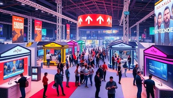 A futuristic virtual event space hosting a vibrant gaming exhibition with digital booths, interactive demos, live tournaments, and a diverse crowd of avatars engaging in gaming activities, showcasing the dynamic and immersive nature of virtual gaming events.