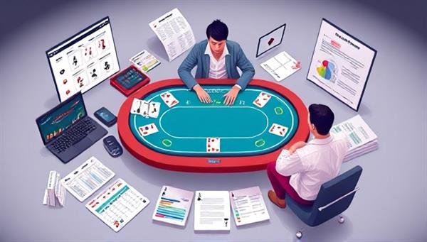 A digital illustration of a virtual poker table surrounded by poker training materials, strategy charts, and a digital coach providing guidance to a student, symbolizing the immersive and educational experience offered by PokerPro Academy for poker players looking to improve their skills and strategies.