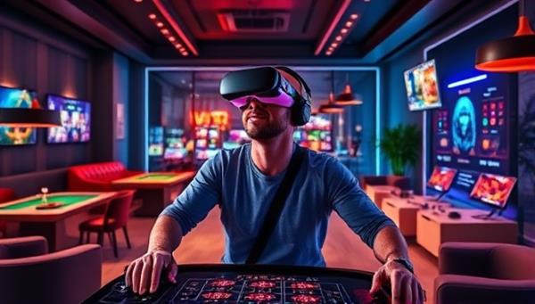 A futuristic living room setup with a person wearing a VR headset, surrounded by digital casino tables and vibrant virtual casino settings, illustrating the immersive and interactive nature of the VR CasinoWorld experience.