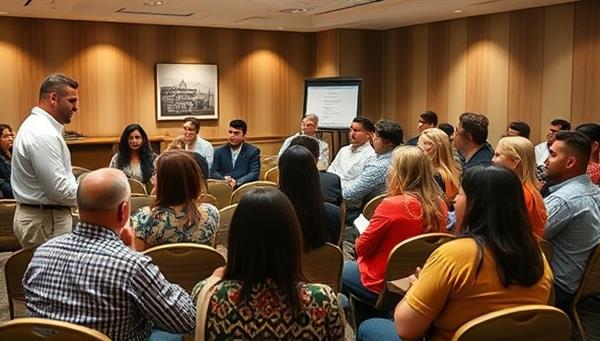 A workshop setting with a real estate expert engaging with a diverse group of attendees, discussing investment strategies, property analysis, and wealth-building through real estate, creating a dynamic and interactive learning environment.